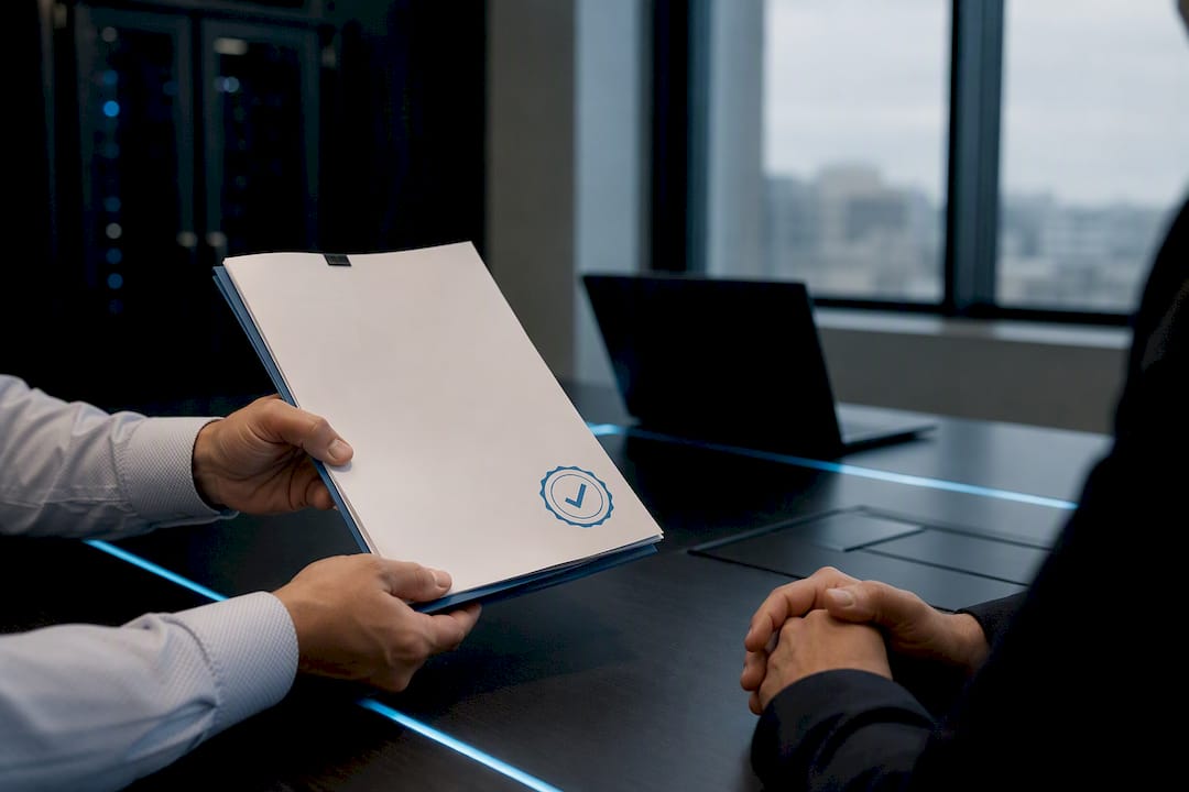 Hands showing compliance audit report for security