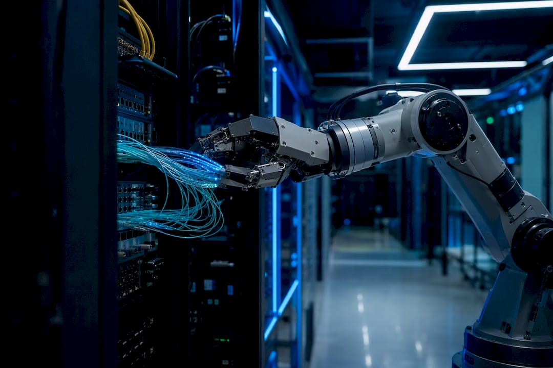 Robotic arm connecting data cable in server room